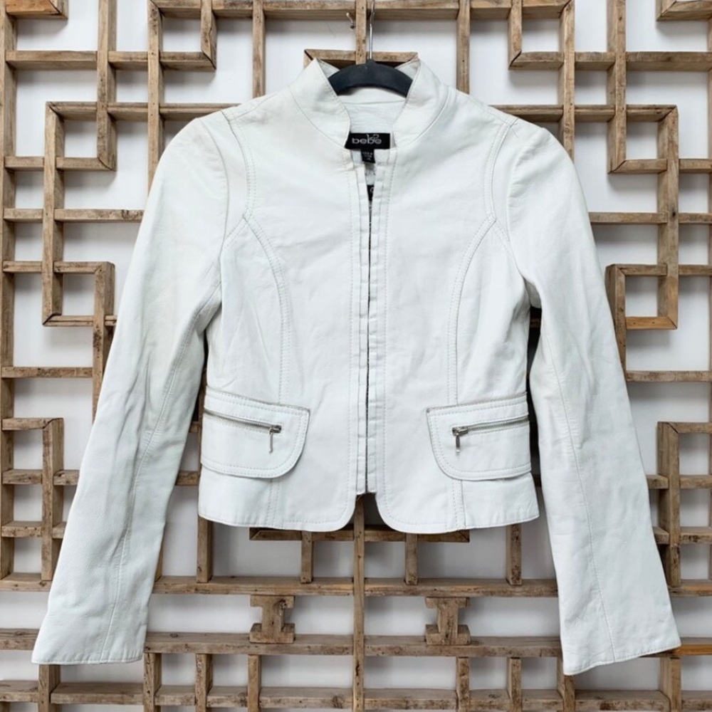 Bebe white leather jacket sz XS